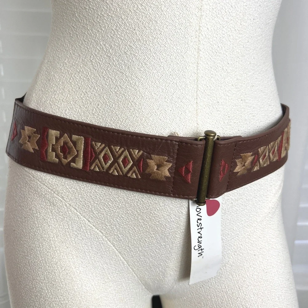 Women Brown Leather‎ Embroidered Elastic Waist Cinch Belt Southwestern Festival